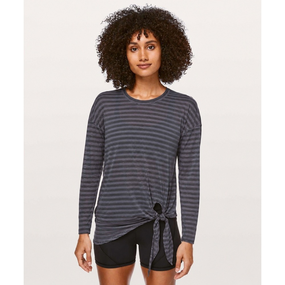 Lululemon Tie Your Practice Long Sleeve Top Gray Stripe Tie Front ~ Size 10